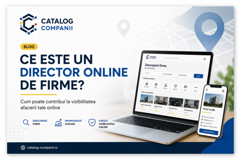 Ilustrație Catalog Companii cu un laptop și un telefon care afișează un director online de firme și întrebarea „Ce este un director online de firme?"