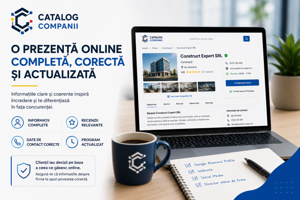 Laptop cu profilul unei firme în Catalog Companii și o listă de verificare a prezenței online: Google Business Profile, website, social media și director de firme