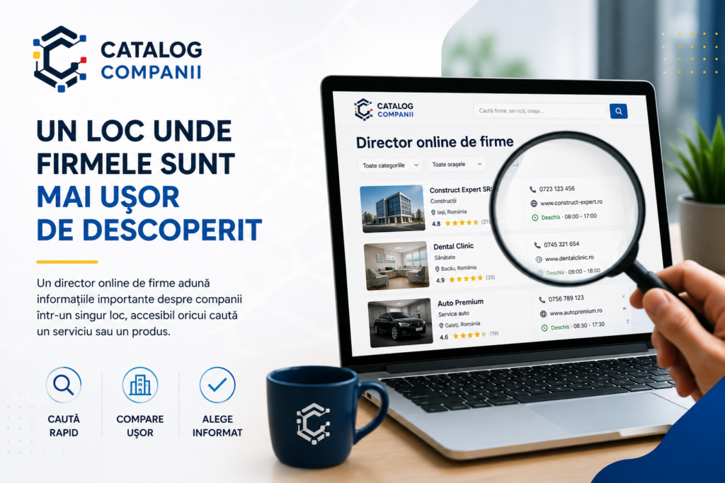 Pagina unui director online de firme văzută printr-o lupă, cu listări de companii, date de contact și recenzii
